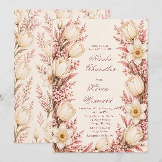 Rosa- und Champagner-Hochzeit Einladung (Vorne/Hinten)