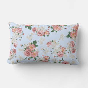 Rosa und Creme auf blauem Vintagen Blütenboden Lendenkissen