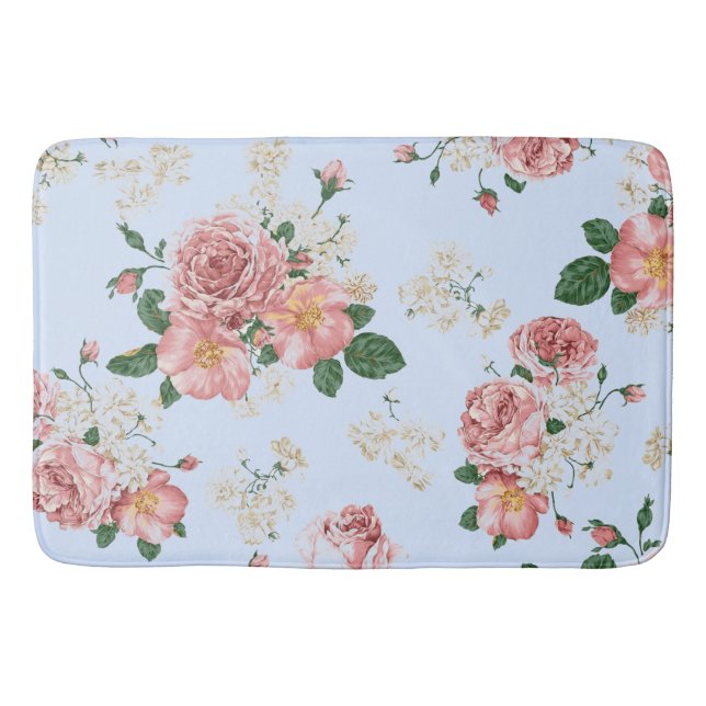 Rosa und Creme auf Vintag blauer Blüte Badematte (Vorderseite)