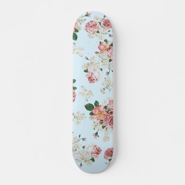 Rosa und Creme auf Vintag blauer Blüte Skateboard (Vorne)