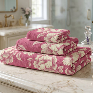 Rosa- und Creme-Pfingstrosen-Toile - Französische Badhandtuch Set