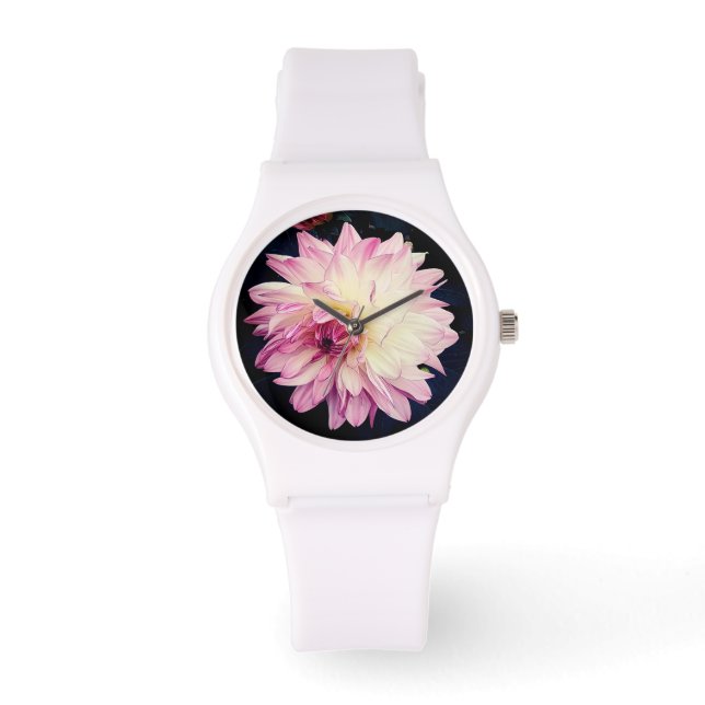 Rosa und cremefarbene Blume Armbanduhr (Vorderseite)