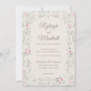 Rosa und cremefarbene Rose und Grün Modern Elegant Einladung