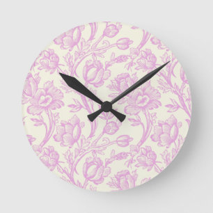 Rosa und cremefarbene Tulpen-Toile de Jouy im fran Runde Wanduhr