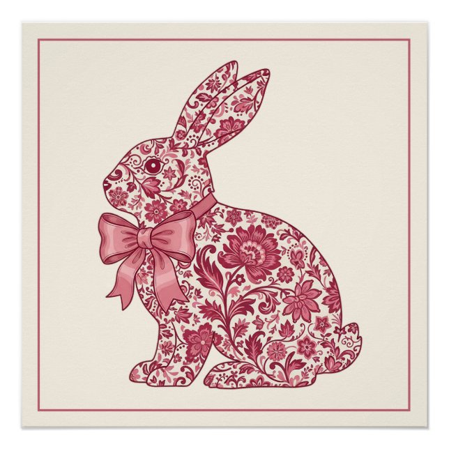 Rosa und cremefarbener Chinoiserie-Osterhase Poster (Vorderseite)