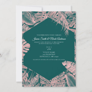 Rosa und dunkelcyan tropische Palmwedel Hochzeit  Einladung