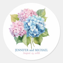 Rosa und dusty Bluel Hydrangeas Wedding Circle Runder Aufkleber