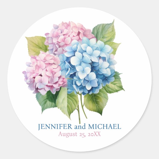 Rosa und dusty Bluel Hydrangeas Wedding Circle Runder Aufkleber (Vorderseite)