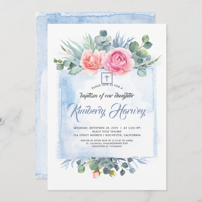 Rosa und dutzige blaue Blume Elegante Taufe Einladung (Vorne/Hinten)