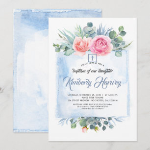 Rosa und dutzige blaue Blume Elegante Taufe Einladung