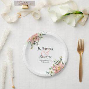 Rosa- und Eierschalen-Aquarell-Blumen-Hochzeitspap Pappteller