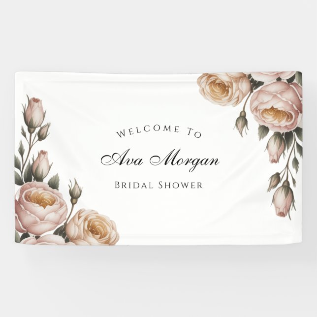 Rosa und Elfenbein Rosen Florale Hochzeitstorte od Banner (Horizontal)