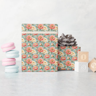 Rosa und elfenbeinfarbene Blumen auf Türkis Geschenkpapier