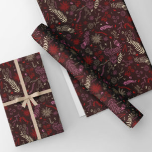 Rosa und elfenbeinfarbene Blumenmuster in bordeaux Geschenkpapier Set