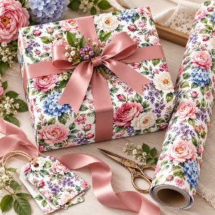 Rosa und elfenbeinfarbene Pfingstrosen, blaue Hort Geschenkpapier