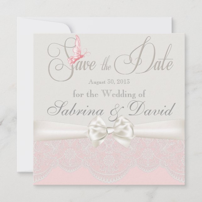 Rosa und Elfenbeinschmetterlinge Save the Date (Vorderseite)