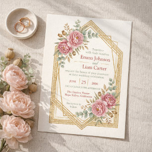 Rosa- und Eukalyptus-Hochzeit mit Aquarell-Rosen i Einladung