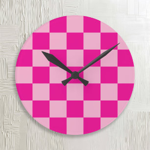 Rosa und Fuchsia Karo Runde Wanduhr