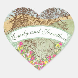 Rosa und gelb bläserbraune Eichenbäume Hochzeitsst Herz-Aufkleber