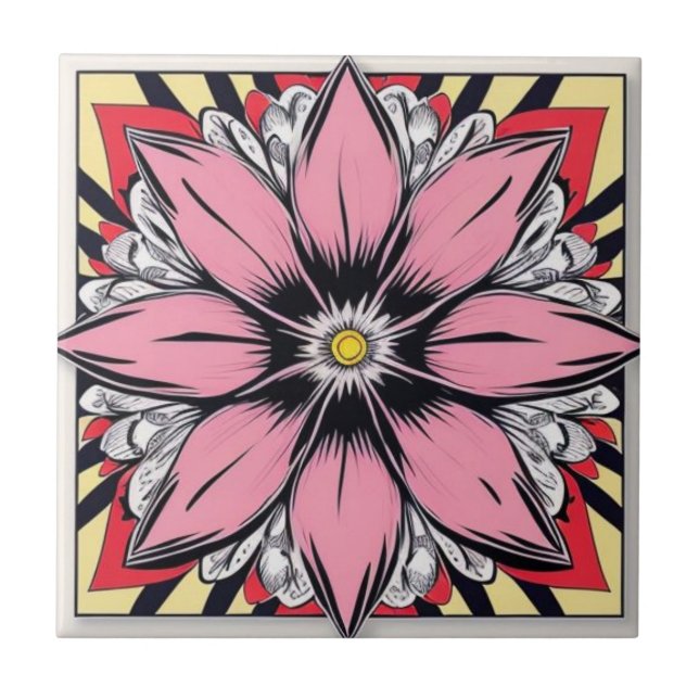 Rosa und gelb Comic Blume Keramik Tile Fliese (Vorderseite)