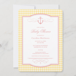 Rosa und gelb kariertes preppy Strand-Baby-Shower Einladung