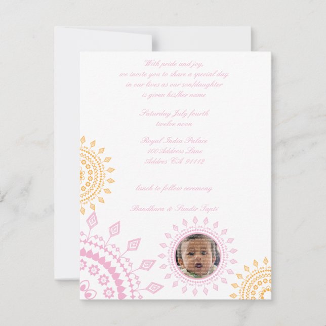 Rosa und Gelb Namkaran Babymnastik Einladungen (Vorderseite)