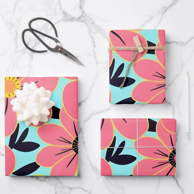 Rosa- und Gelbblüten auf Sky Blue - Dopamin Style Geschenkpapier Set (Vorderseite)