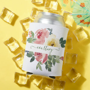 Rosa und gelbe Aquarell-Blumen personalisiert Dosenkühler