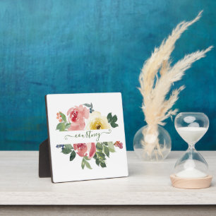 Rosa und gelbe Aquarell-Blumen personalisiert Fotoplatte