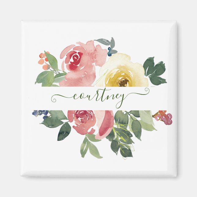 Rosa und gelbe Aquarellblumen personalisiert Magnet (Vorne)