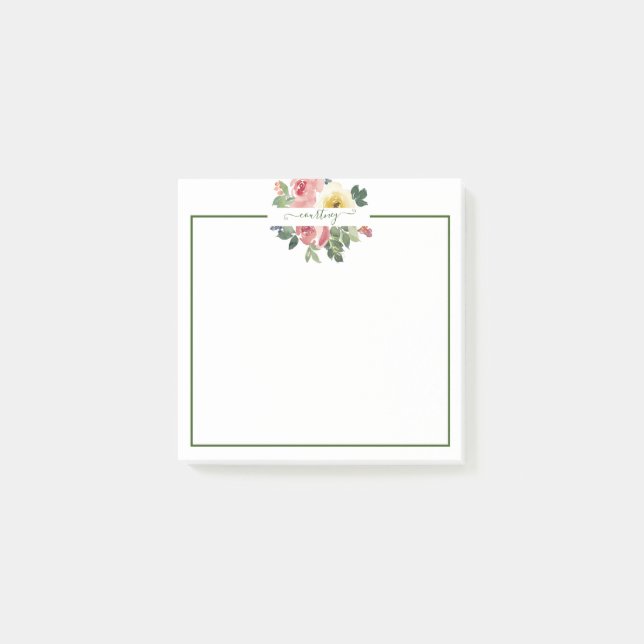 Rosa und gelbe Aquarellblumen personalisiert Post-it Klebezettel (Vorderseite)
