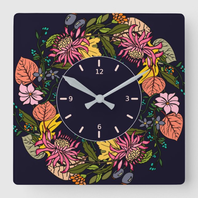 Rosa und gelbe Blume Quadratische Wanduhr (Vorderseite)