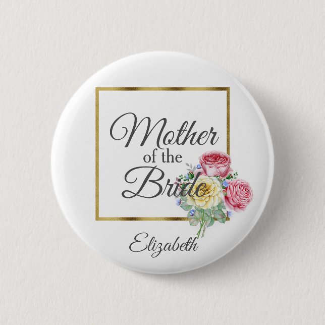 Rosa und gelbe Blumen Brautmutter Button (Vorderseite)