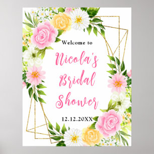 Rosa und gelbe Blumen Brautparty Willkommen Poster