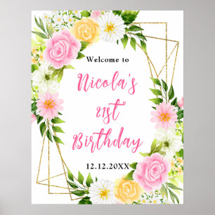 Rosa und gelbe Blumen Geburtstagsbegrüßung Poster