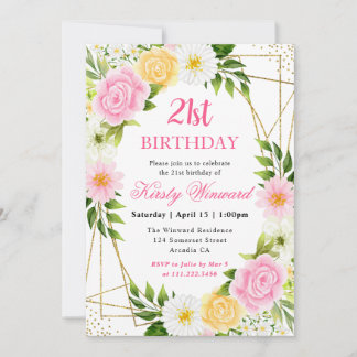 Rosa und gelbe Blumen Gold Rahmen 21. Geburtstag Einladung