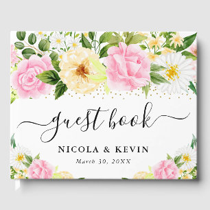 Rosa und gelbe Blumen Goldrahmen Hochzeit Gästebuch