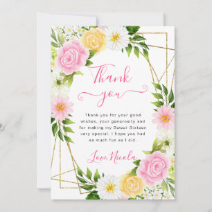 Rosa und gelbe Blumen Goldrahmen Sweet 16 Dankeskarte