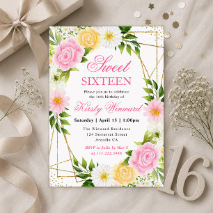 Rosa und gelbe Blumen Goldrahmen Sweet 16 Einladung