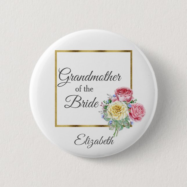Rosa und gelbe Blumen Großmutter der Braut Button (Vorderseite)