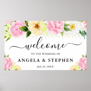 Rosa und Gelbe Blumen Hochzeitsbegrüßung Poster