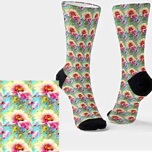 Rosa und gelbe Blumen im Aqua Socken
