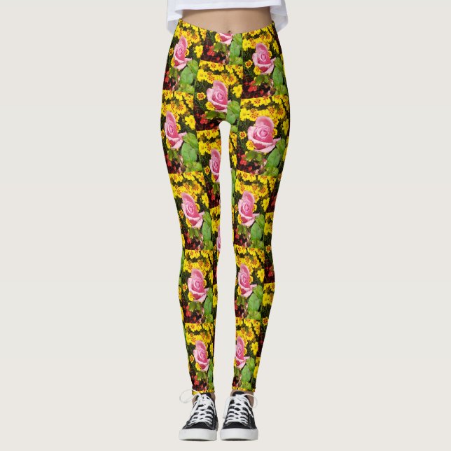 Rosa und gelbe Blumen Leggings (Vorderseite)