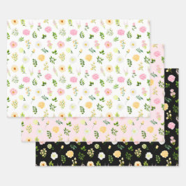 Rosa und gelbe Blumen mit Blattmuster Geschenkpapier Set