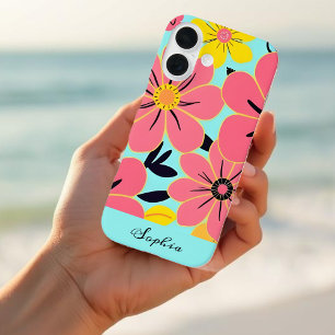 Rosa und gelbe Blüten auf Sky Blue Dopamin Style iPhone 16 Hülle
