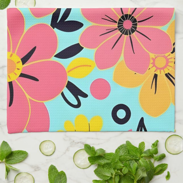 Rosa und gelbe Blüten auf Sky Blue Dopamin Style Geschirrtuch (Gefaltet)