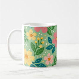 Rosa und gelbe Blüten mit grünen und blauen Blätte Kaffeetasse