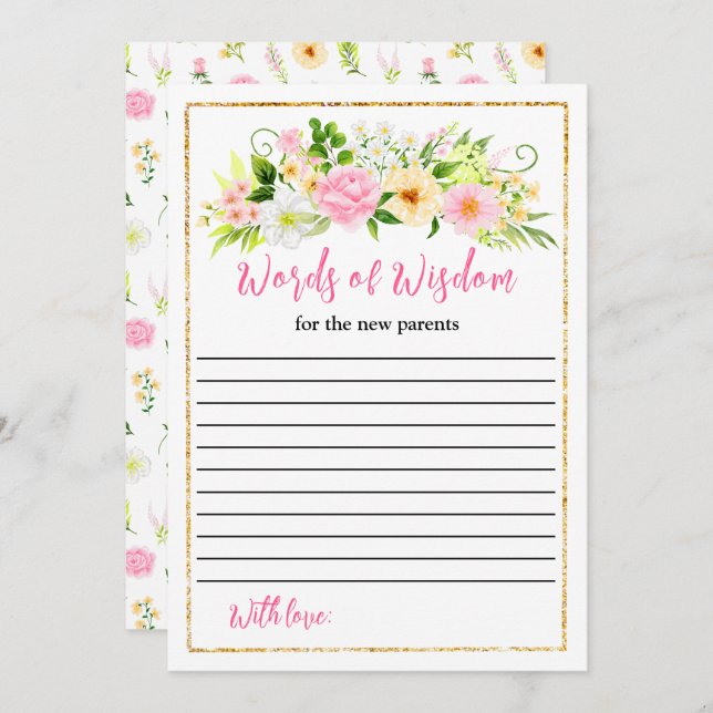 Rosa und gelbe Blütendusche Worte der Weisheit Einladung (Vorne/Hinten)