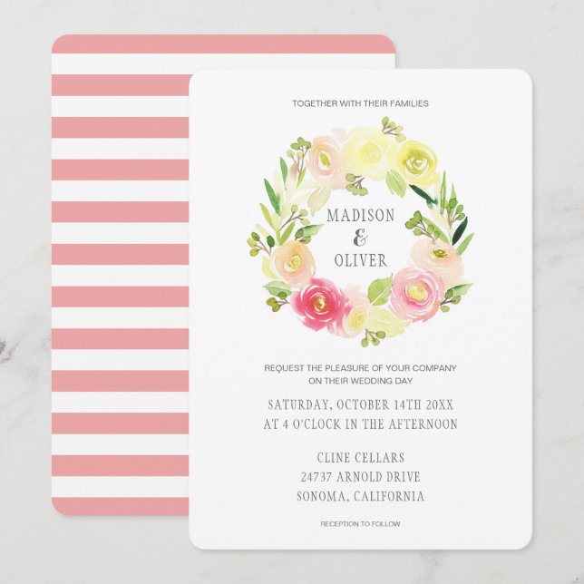 Rosa und gelbe Blütenfarbe | Hochzeit Einladung (Vorne/Hinten)