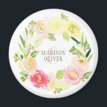 Rosa und gelbe Blütenfarbe | Hochzeit Magnet<br><div class="desc">Dieses Design zeichnet sich durch einen schönen rosa und gelben Blumenkranz in Aquarellfarben aus. | © und ® Bigstock® - Alle Rechte vorbehalten.</div>